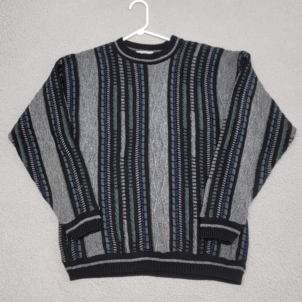 90s Coogi Like 3D Knit Sweater Mens Medium Gray Stripe Heavyweight Pullover